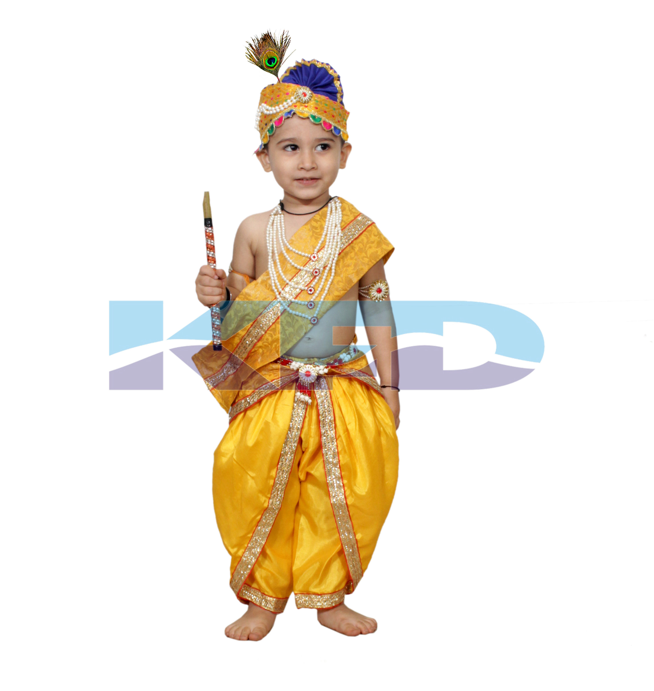 Krishna belt yellow fabric mukut fancy dress for kids,Mythological  Costume for School Annual function/Theme Party/Competition/Stage Shows Dress