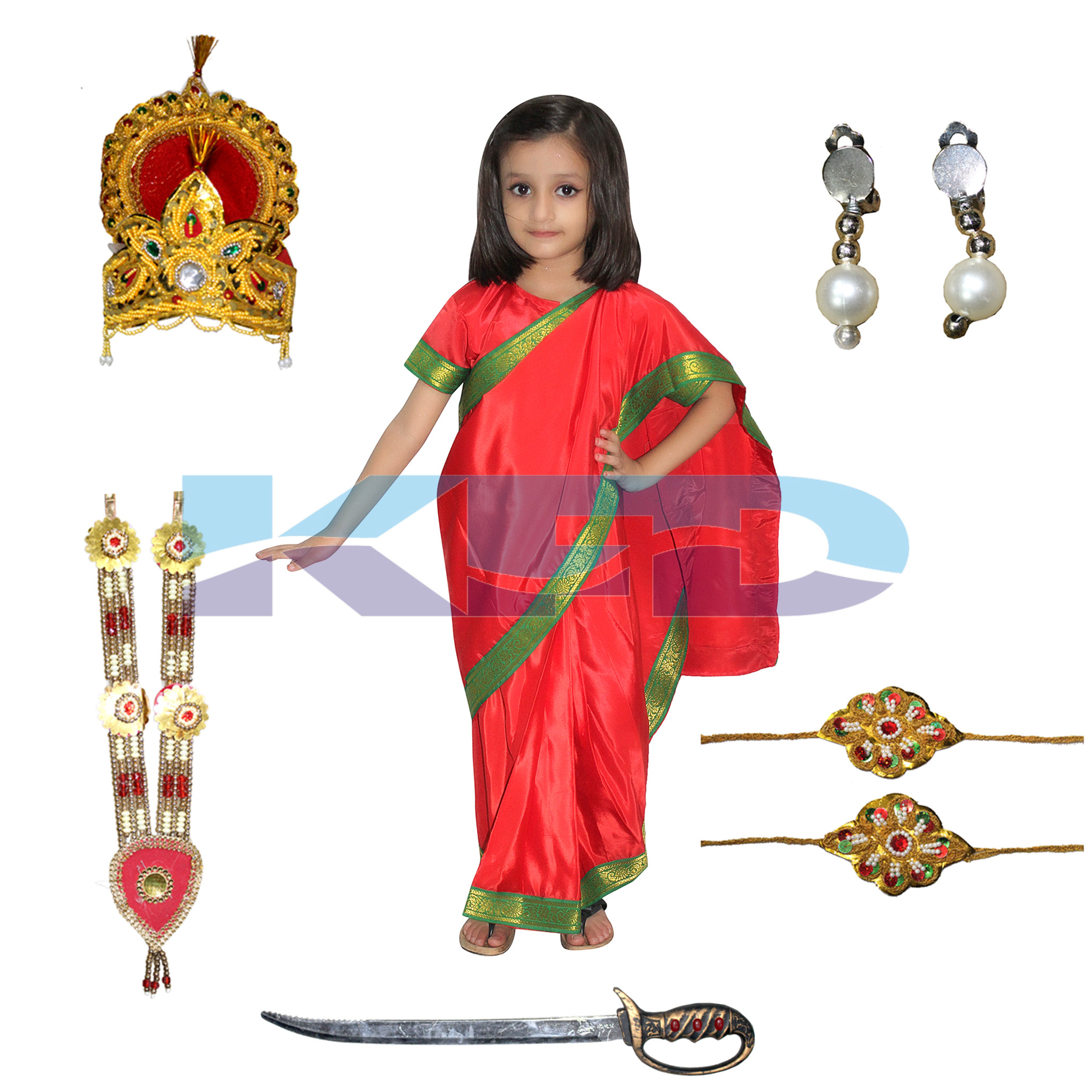  Red saree durga fancy dress for kids,National Hero Costume for School Annual function/Theme Party/Competition/Stage Shows Dress