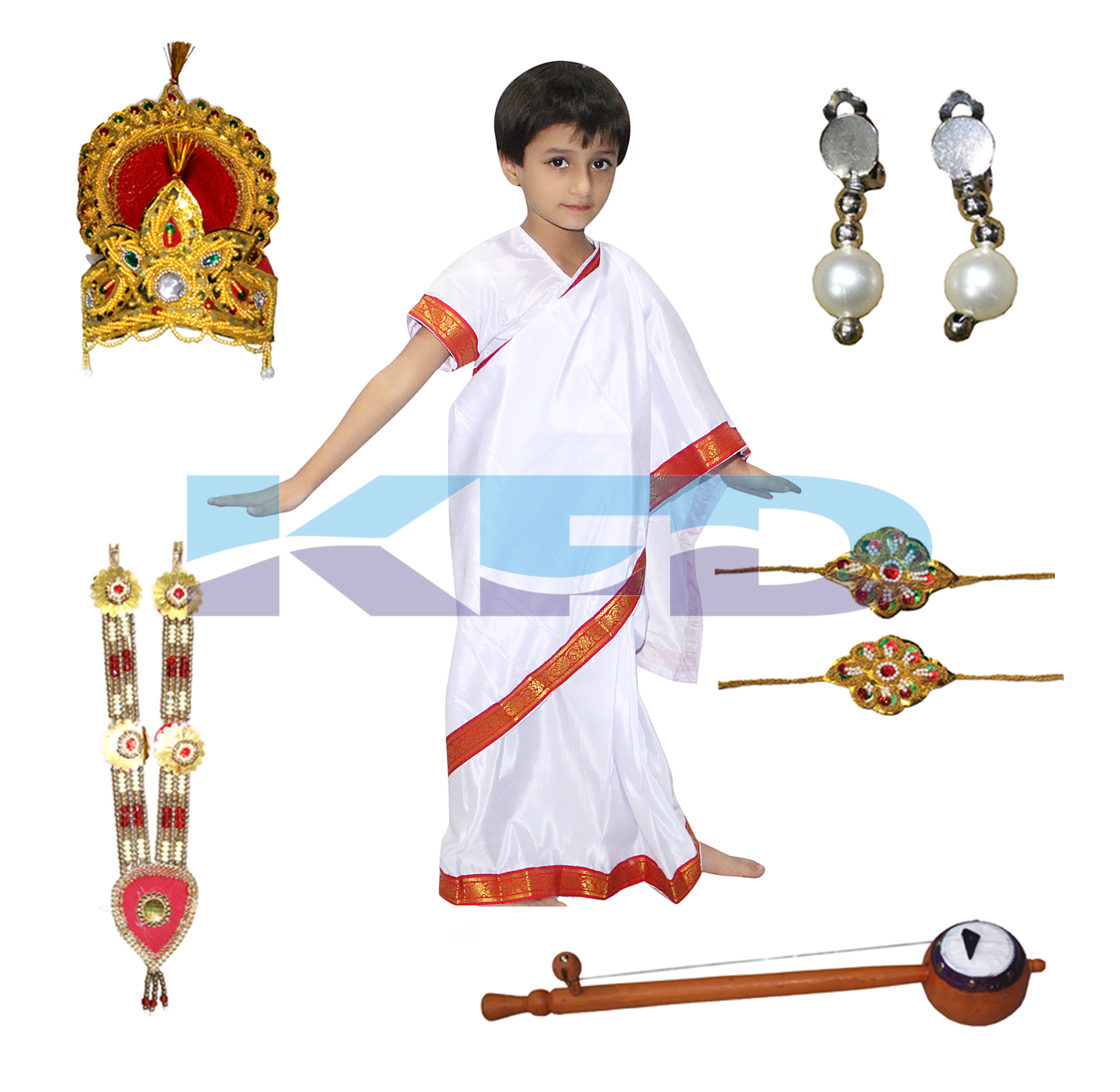 White saree saraswati fancy dress for kids,National Hero Costume for School Annual function/Theme Party/Competition/Stage Shows Dress
